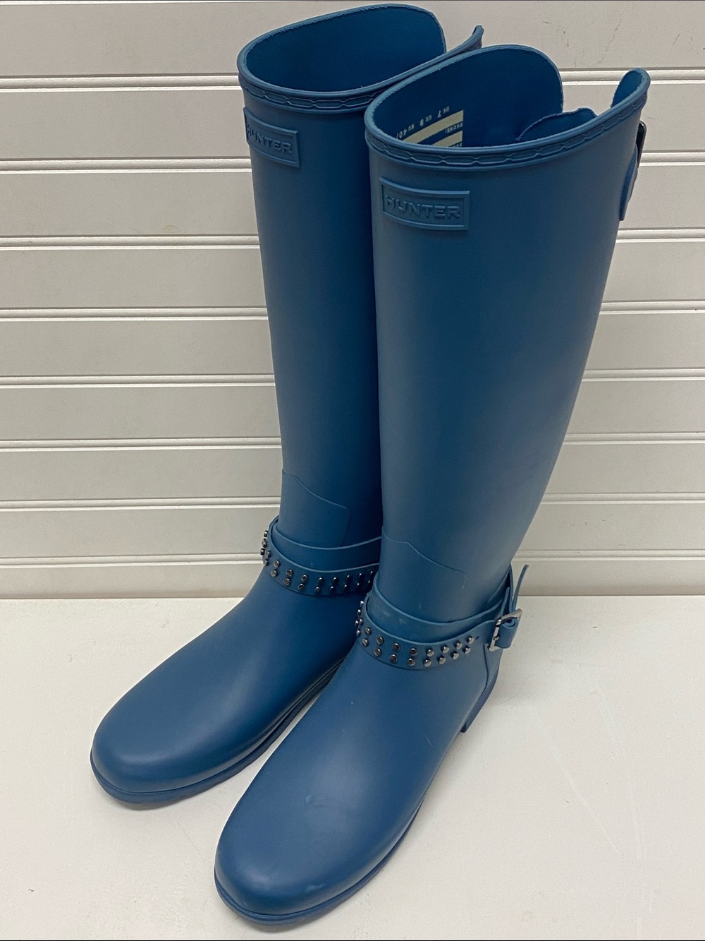 Hunter Tall Blue Studded-Trim Rain Boots